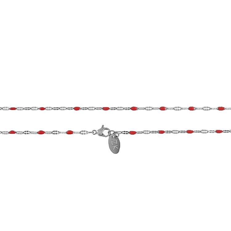 Chaine fine argenté, perles d'émail bordeau,100 cm